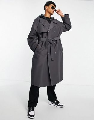ASOS DESIGN oversized trench coat in charcoal with black faux leather hood