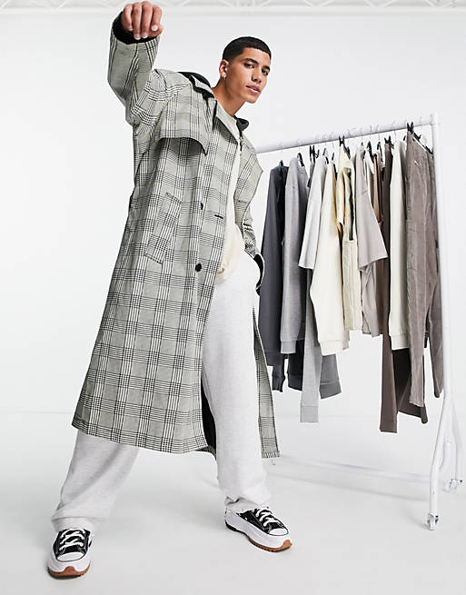 Oversized trench coat in gray check with hood Asos Men Clothing Coats Trench Coats 