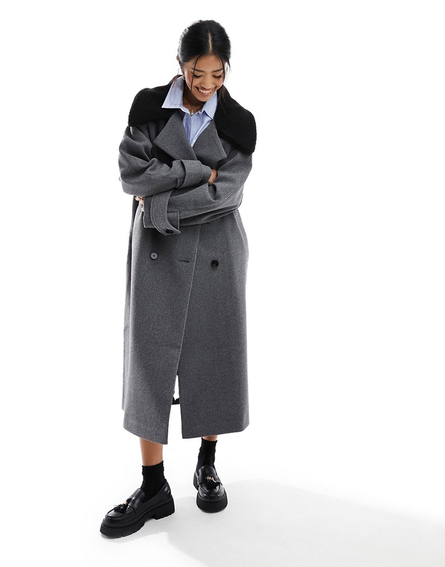 Asos Design Oversized Trench Coat In Gray With Contrast Borg Collar