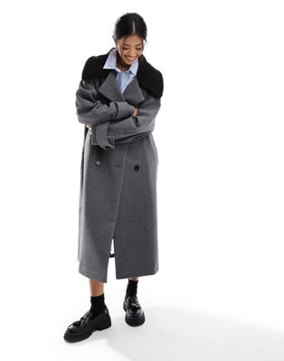 ASOS DESIGN oversized trench coat in grey with contrast borg collar - ASOS Price Checker