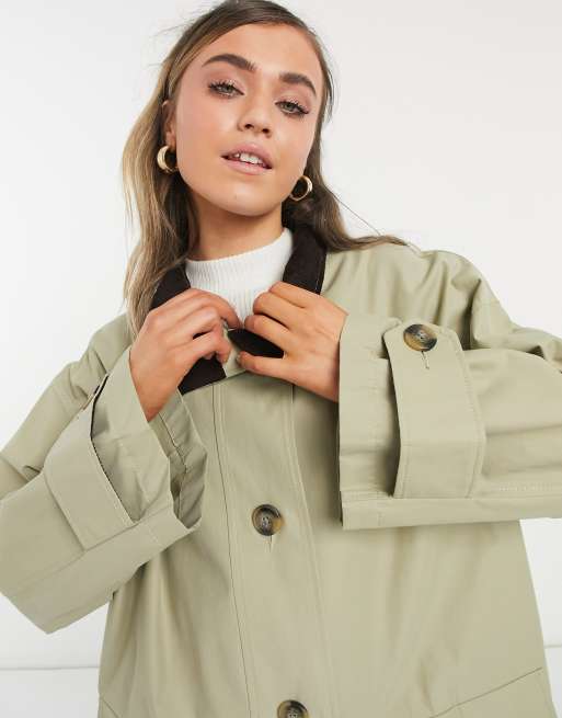 ASOS DESIGN oversized trench coat with cord collar in stone