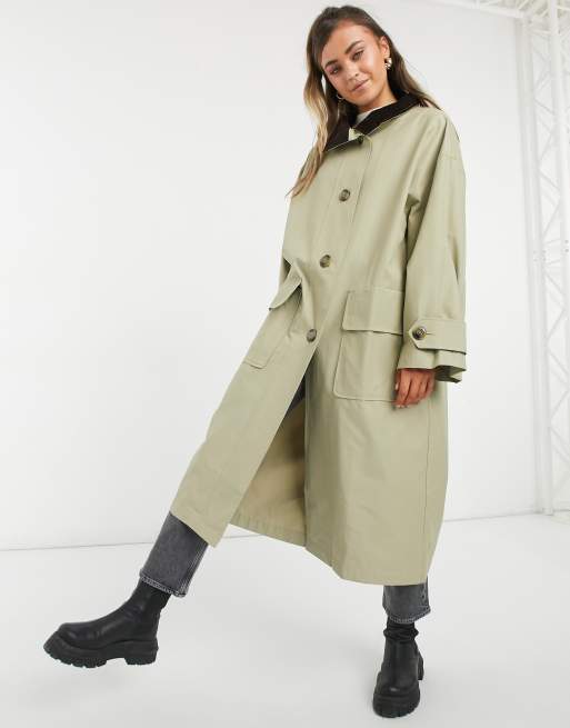 ASOS DESIGN oversized trench coat with corduroy collar in stone