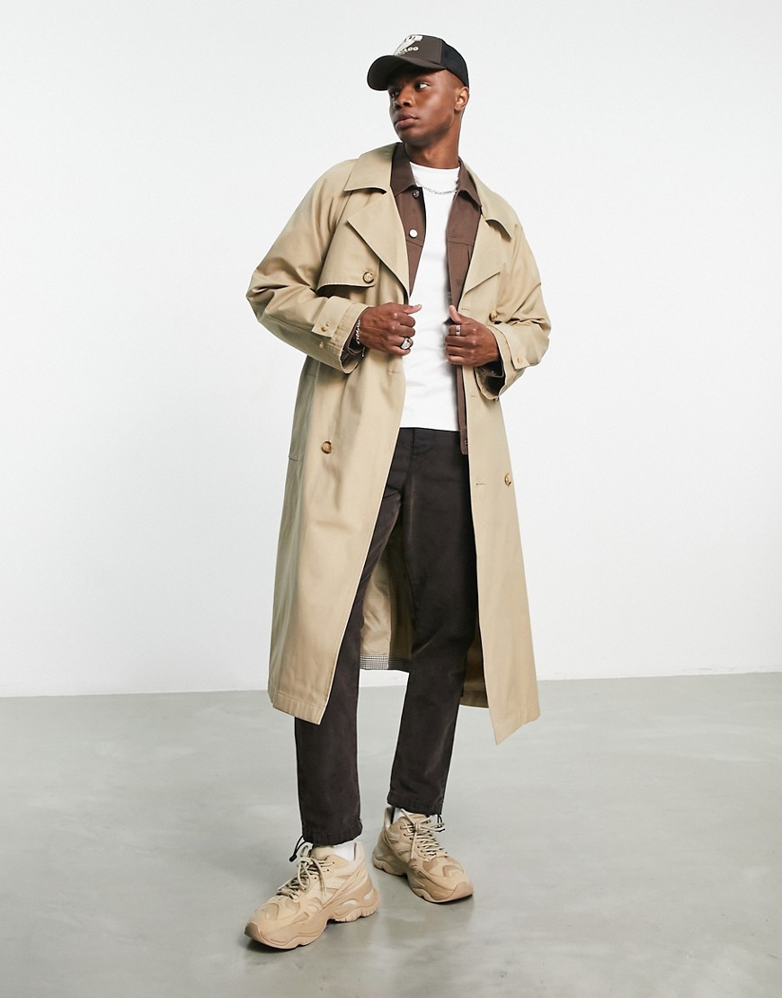 ASOS DESIGN oversized trench in stone with check panels-Neutral