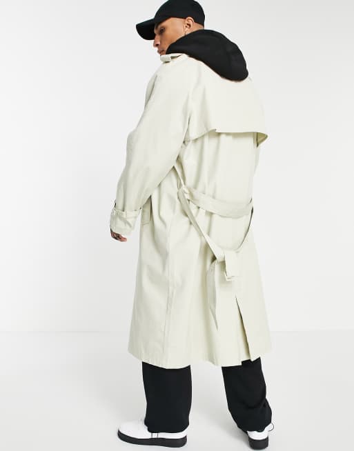 ASOS DESIGN - Oversized trenchcoat in kiezelkleur met jersey capuchon