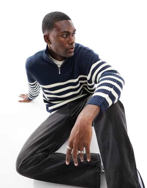 ASOS DESIGN - Oversized trøje med halv lynlås og marineblå/hvide striber i patentstrik - view 1