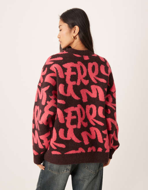 ASOS DESIGN - Oversized trui met grafische 'Merry'-print in donkerbruin, 3 van 4