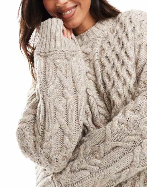 ASOS DESIGN - Oversized trui met kabels en ronde hals in lichtbeige, 2 van 4