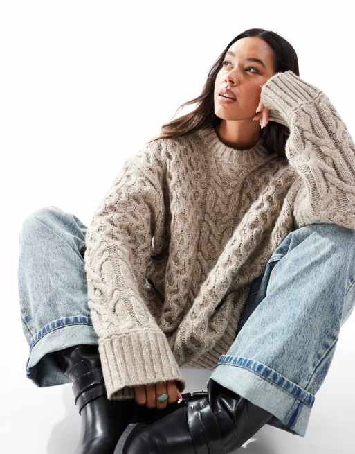 ASOS DESIGN - Oversized trui met kabels en ronde hals in lichtbeige, 3 van 4
