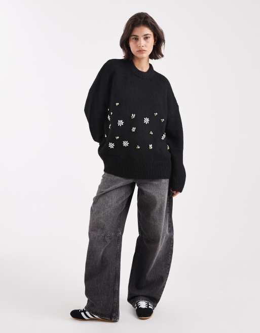 ASOS DESIGN - Oversized trui met kristallen bloemen in zwart, 2 van 4