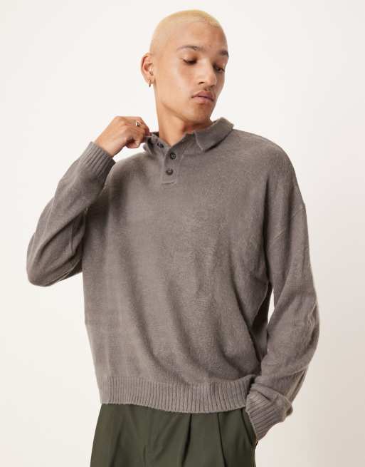ASOS DESIGN - Oversized trui met polokraag, rechte pasvorm en geborstelde textuur in grijs