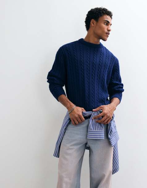 ASOS DESIGN oversized trui met ronde hals in marineblauw kabel - view 1