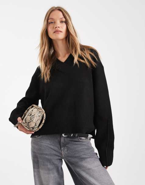 ASOS DESIGN - Oversized trui met V-hals en zijsplit in zwart - view 1