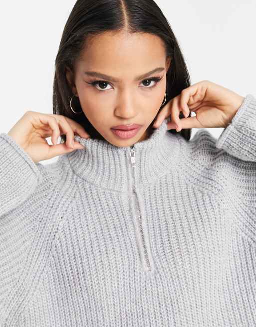 ASOS DESIGN - Oversized trui van pluizig garen met kraag met rits in grijs, 3 van 4