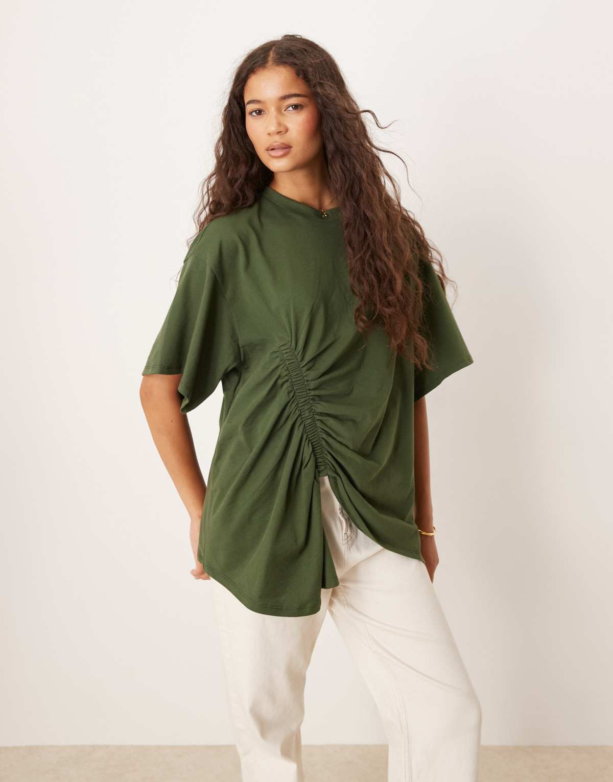 ASOS DESIGN oversized tshirt with ruched drapey hem in khaki
