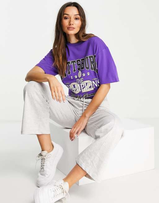 ASOS DESIGN oversized tshirt with varsity license graphic in purple | ASOS