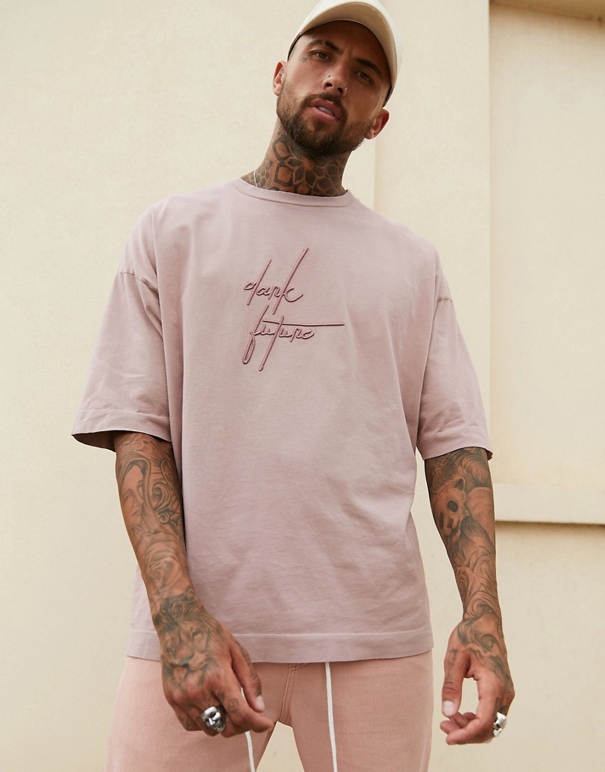 ASOS DESIGN - oversized tung t-shirt i lyserød med 'dark future'-broderi-Beige