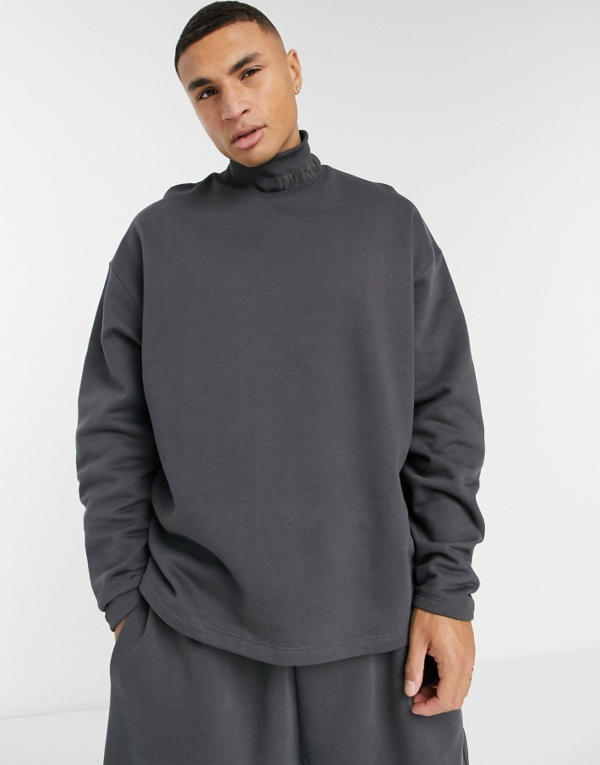 ASOS DESIGN oversized turtle neck sweatshirt in heavyweight with embroidered neck rib - part of a set-Black