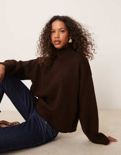 ASOS DESIGN oversized turtleneck knitted jumper in brown - view 1