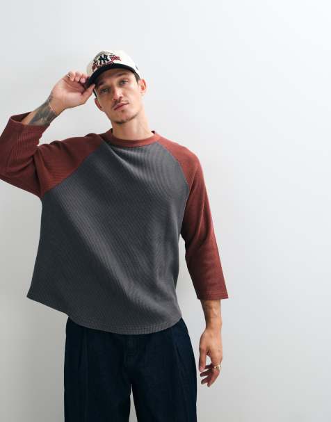 ASOS DESIGN oversized tvättad waffle baseball-top med långa ärmar i grått och brunt - view 1