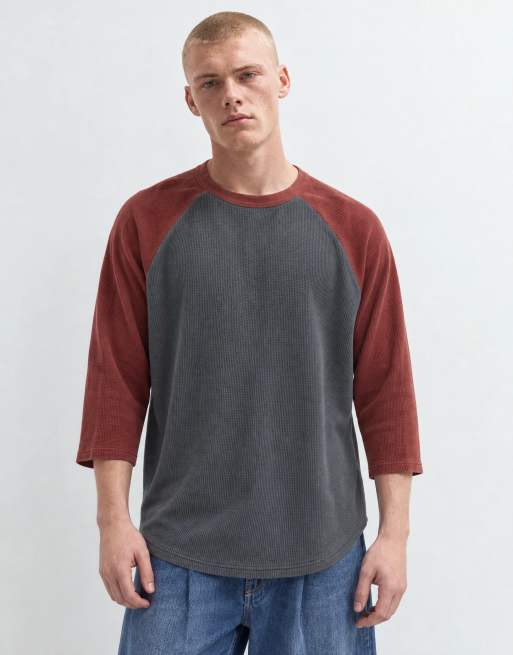ASOS DESIGN oversized tvättad waffle baseball-top med långa ärmar i grått och brunt, 6 av 10
