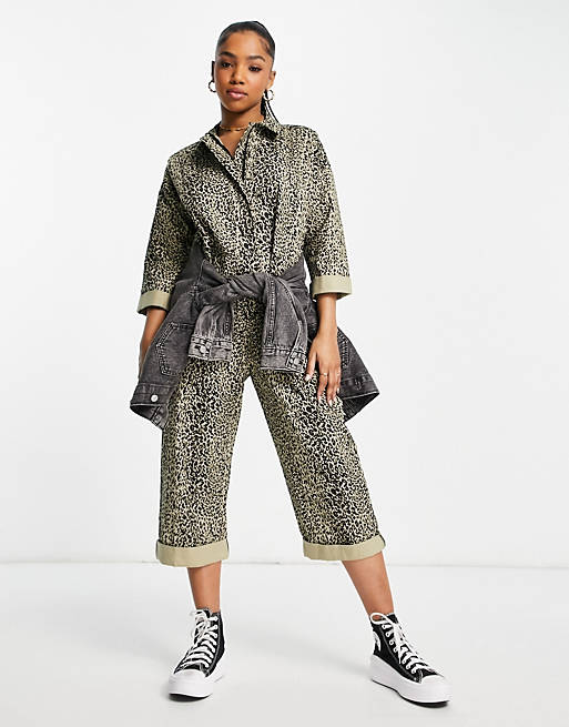 Women oversized twill boilersuit in khaki leopard 