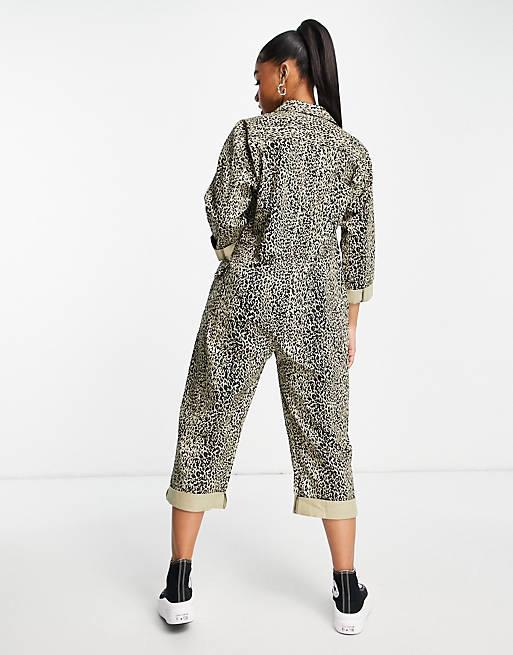 Women oversized twill boilersuit in khaki leopard 