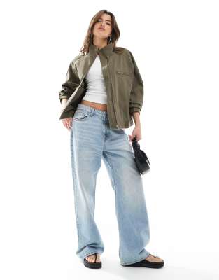 Asos Design Oversized Twill Funnel Neck Jacket In Green