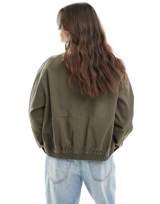 ASOS DESIGN – Oversize-Jacke aus Twill in dunklem Olivgrün mit Stehkragen