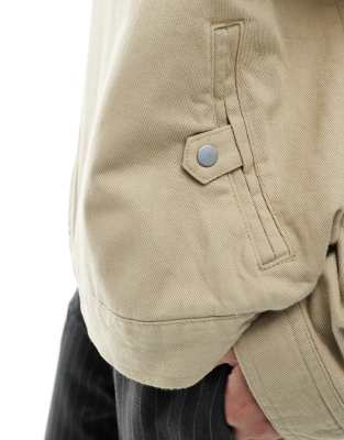 Asos Design Oversized Twill Funnel Neck Jacket In Neutral