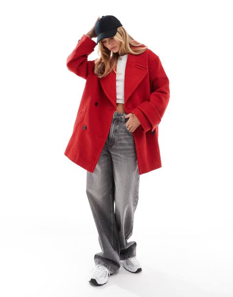 ASOS DESIGN oversized twill pea coat in red