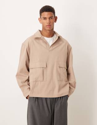 ASOS DESIGN ASOS DESIGN oversized twill revere shirt with cargo pockets in brown