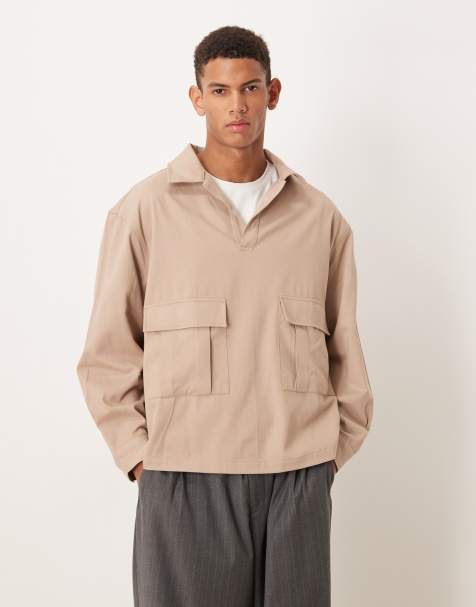ASOS DESIGN oversized twill revere shirt with cargo pockets in brown