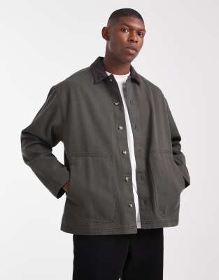 Asos Design Oversized Twill Shirt With Corduroy Collar In Animal Print