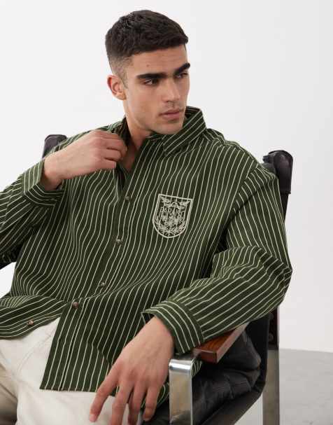 ASOS DESIGN oversized twill stripe shirt with chest embroidery in green - view 1