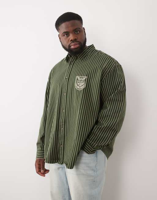 ASOS DESIGN oversized twill stripe shirt with chest embroidery in green, 2 of 6