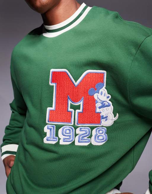 ASOS DESIGN - Oversized uniseks sweatshirt met gekleurde randjes en Disney Mickey Mouse-borduursel in groen, 4 van 4