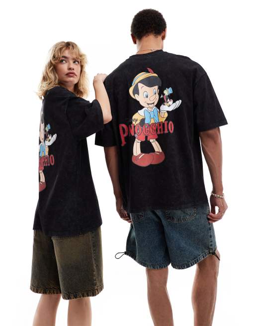 ASOS DESIGN - Oversized uniseks T-shirt met Disney Pinokio-prints in zwart met wassing