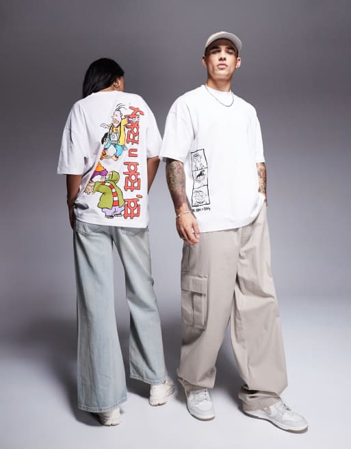 ASOS DESIGN - Oversized uniseks T-shirt met gelicenseerde bolle 'Ed, Edd n Eddy' prints in wit, 2 van 4