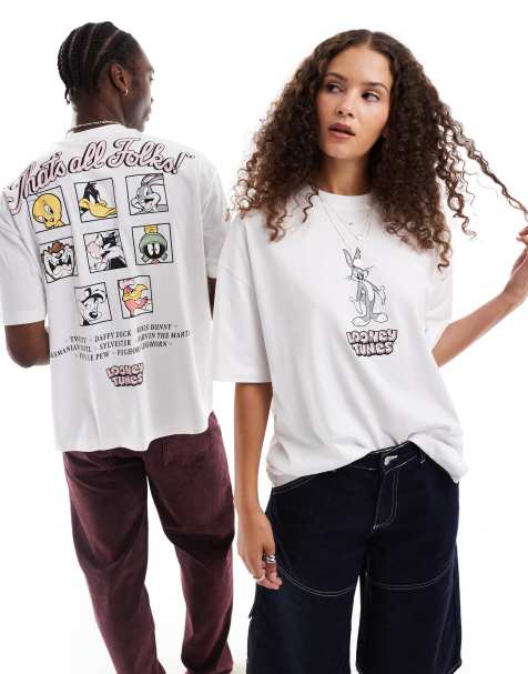 ASOS DESIGN - Oversized uniseks T-shirt met gelicenseerde 'Looney Tunes' prints in wit - view 1