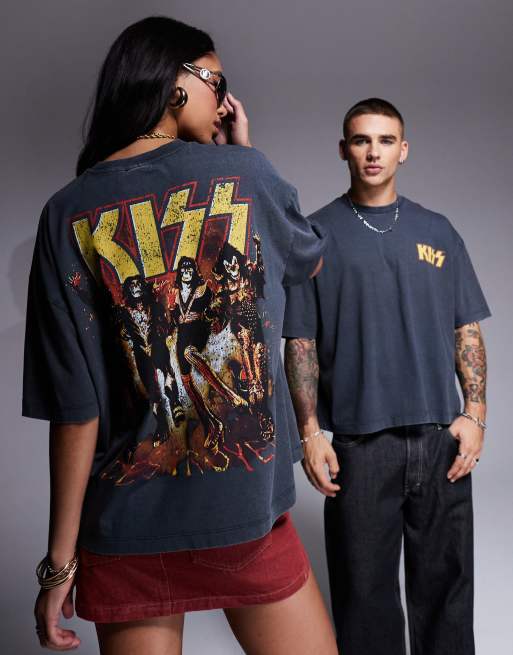 ASOS DESIGN - Oversized uniseks T-shirt met KISS-prints in zwarte wassing