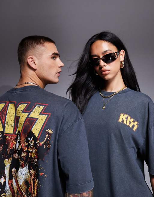 ASOS DESIGN - Oversized uniseks T-shirt met KISS-prints in zwarte wassing, 2 van 4