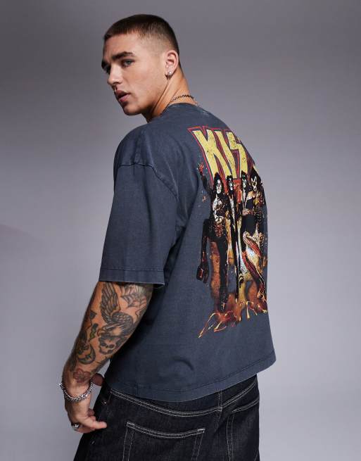 ASOS DESIGN - Oversized uniseks T-shirt met KISS-prints in zwarte wassing, 3 van 4