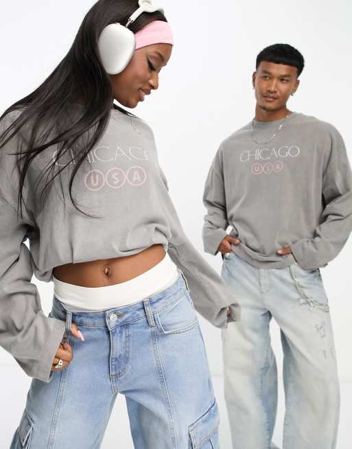 ASOS DESIGN - Oversized uniseks T-shirt met lange mouwen en print op de voorkant in verwassen antraciet 