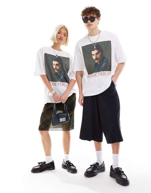 ASOS DESIGN - Oversized uniseks T-shirt met met gelicenseerde Freddie Mercury-print in wit, 4 van 4