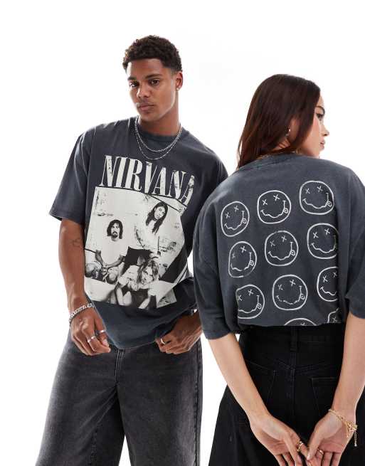 ASOS DESIGN - Oversized uniseks T-shirt met Nirvana prints en borduursels in zwart met wassing