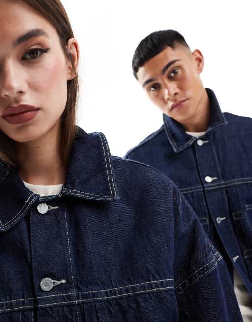 ASOS DESIGN - Oversized unisex-denimjakke med kontrasterende syninger i blå skyllevask, 2 af 4