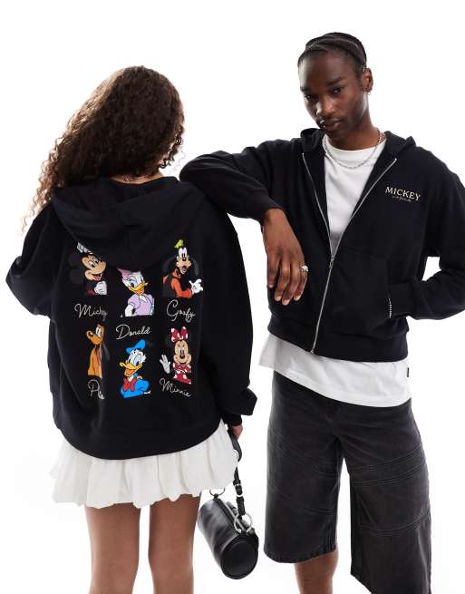 ASOS DESIGN - Oversized unisex-hættetrøje med gennemgående lynlås og 'Disney Mickey Mouse & Friends'-print i sort