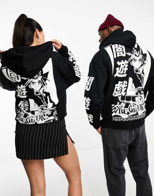 ASOS DESIGN - Oversized unisex-hættetrøje med licenseret Yu-Gi-Oh-print i sort og hvid