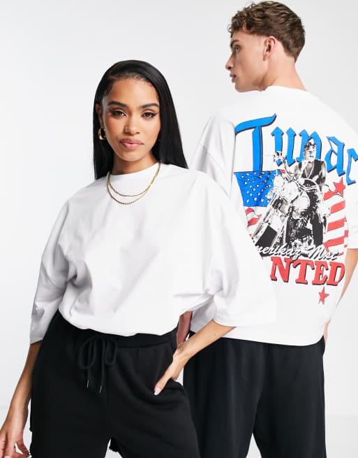 ASOS DESIGN - Oversized unisex T-shirt met Tupac-print in wit