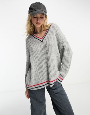 ASOS DESIGN oversized v neck cable jumper with contrast tipping in grey
